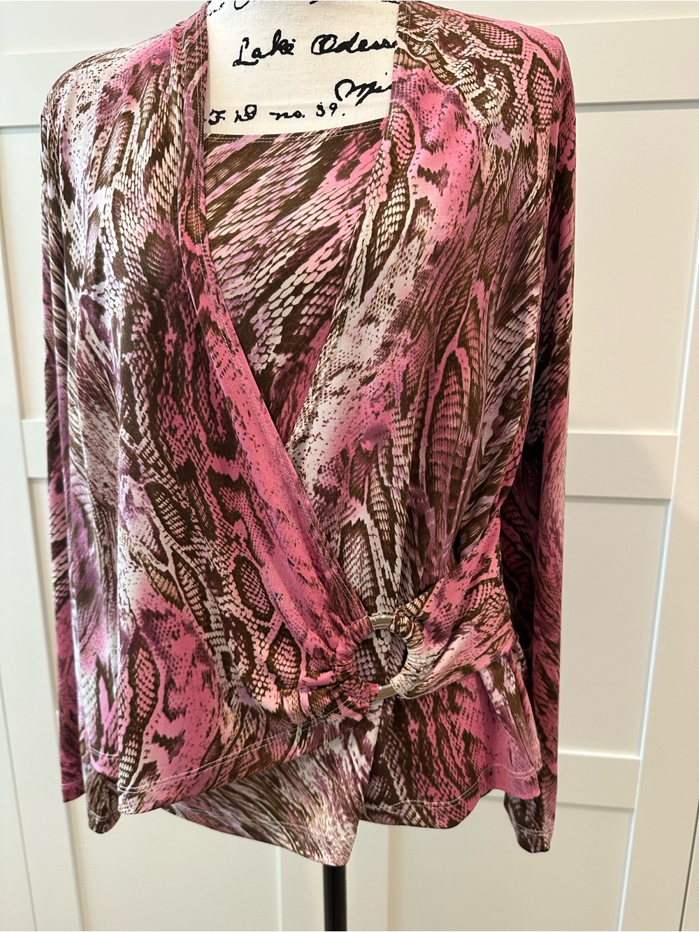 Pink and Brown Snake-Print Wrap Top - Women's - Picture 4 of 6